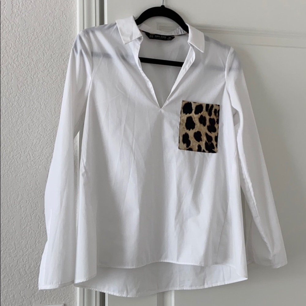 Zara white poplin shirt with leopard pocket